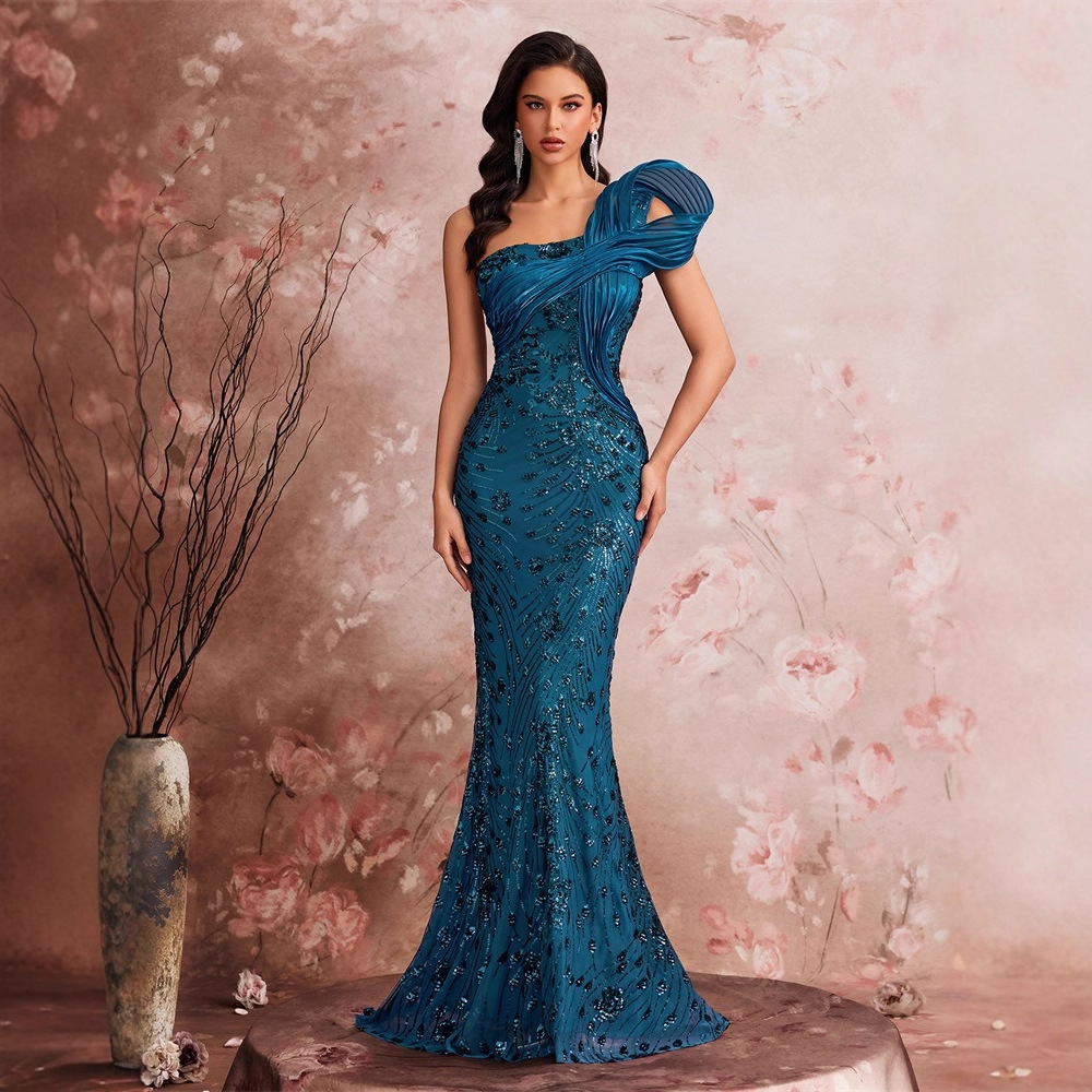 European and American Amazon Elegant Cocktail Evening Dress High-End Shaped Sequin One-Shoulder Graduation Ball Fishtail Skirt