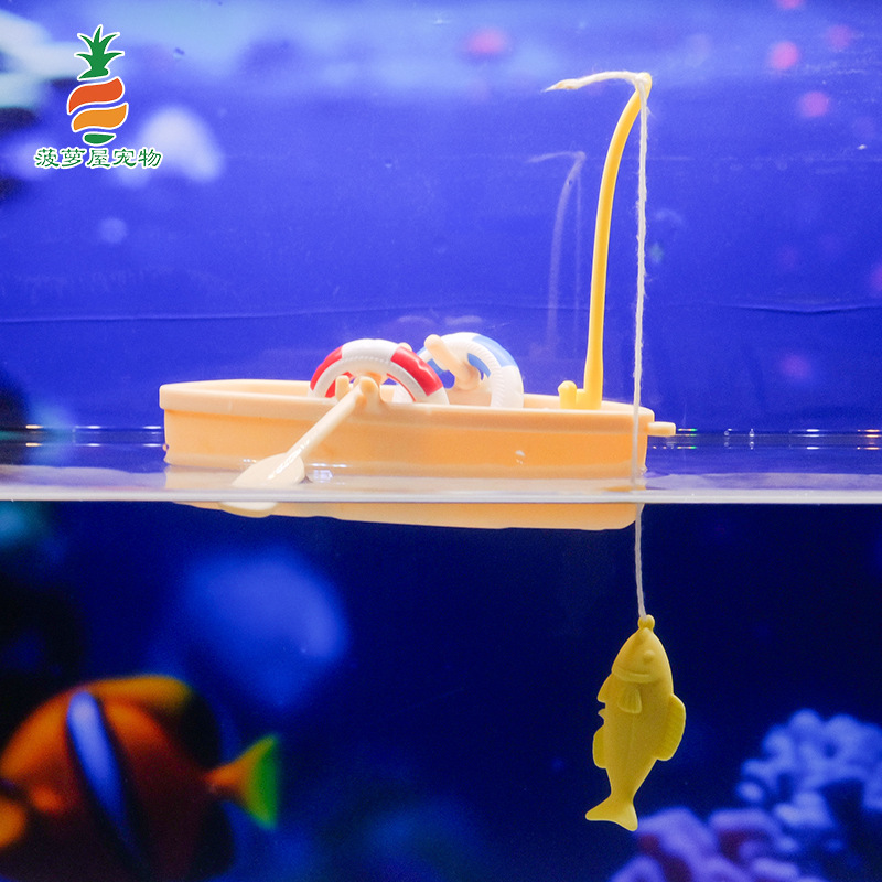 Decoración de paisajismo interesante, acuario, agua, anillo de natación, pesca, barco de pesca, modelo de paisajismo de acuario, barco de plástico flotante