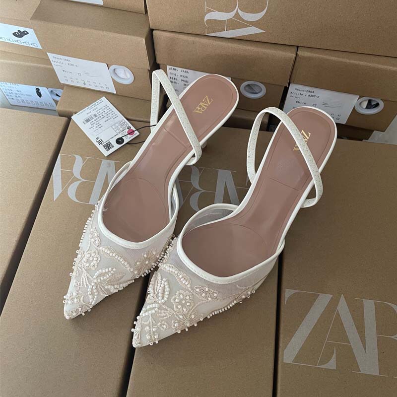 Za Same Style White Mesh Lace Embroidered Pointed Toe High Heels Closed-Toe Sandals Women's Mule Shoes Large Size European and American Women's Shoes
