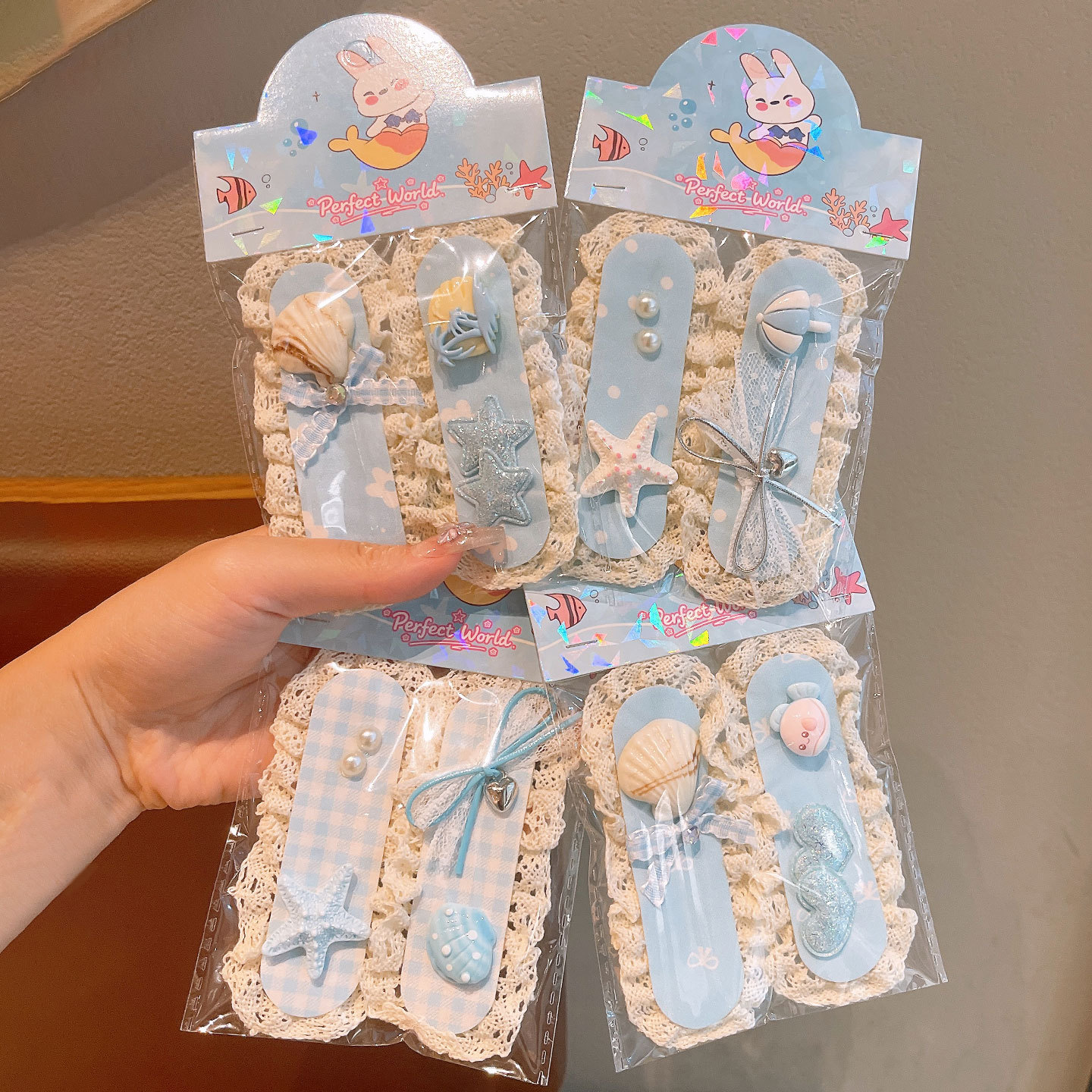 Summer children's sky blue magic hair clip for little girls, cute scallop and fish holiday style hair accessory