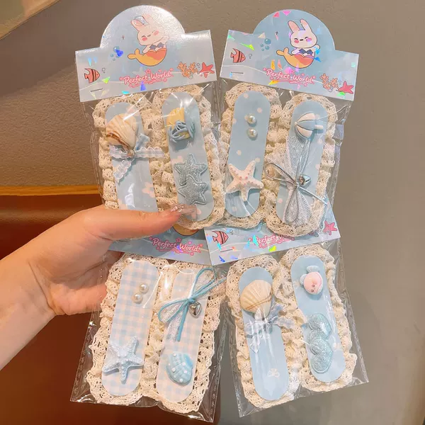 Summer children's sky blue magic hair clip for little girls, cute scallop and fish holiday style hair accessory