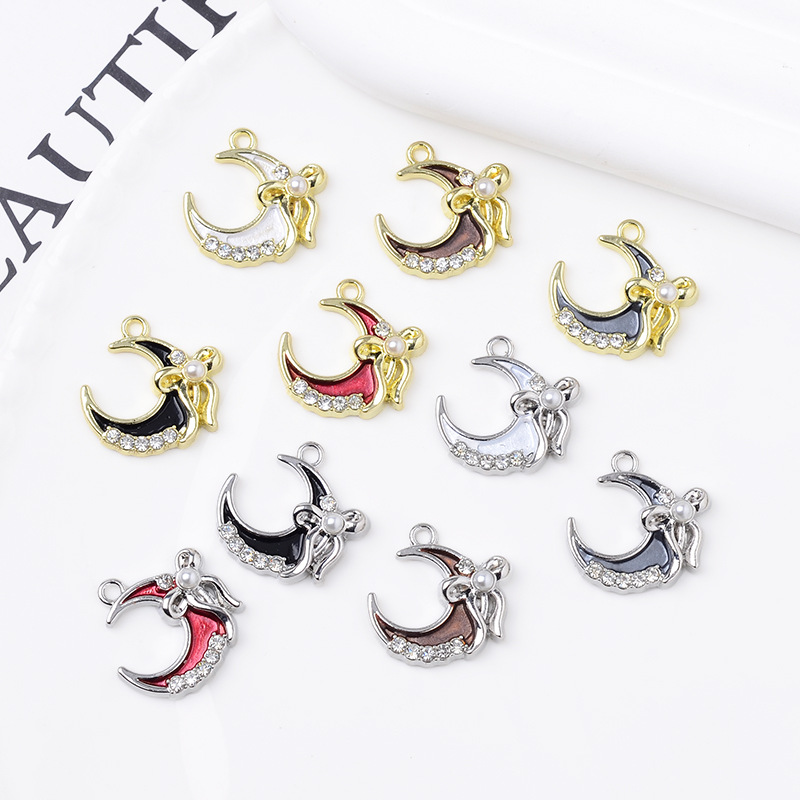 Fashionable Versatile Pearl Bowknot with Rhinestone-Edged Moon Pendant DIY Handmade Clothing Bag Alloy DIY Accessories