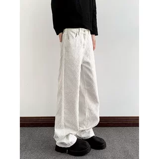 2026新款白色菱格牛仔裤男秋季提花设计感裤子高街vibe直筒微喇裤