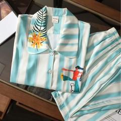 条纹缎面娃娃领长袖睡衣女春秋2025年新款高级休闲家居服套装外穿