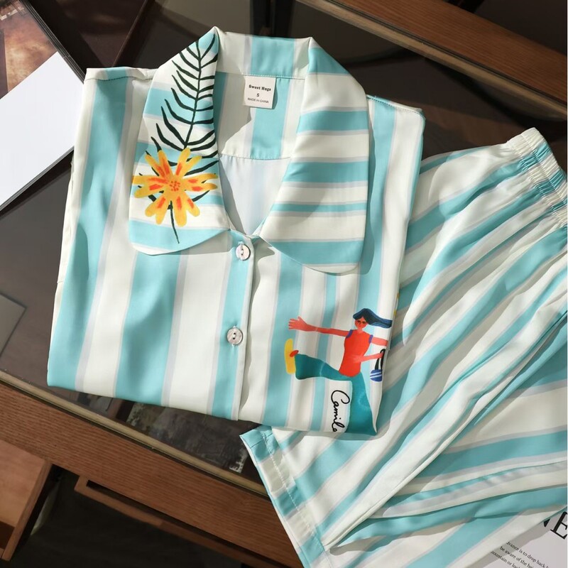 Striped Satin Doll Collar Long-Sleeved Pajamas for Women Spring & Fall 2025 New High-End Casual Home Wear Suit Outer Wear Striped Satin Doll Collar Long-Sleeved Pajamas for Women Spring & Fall 2025 New High-End Casual Home Wear Suit Outer Wear