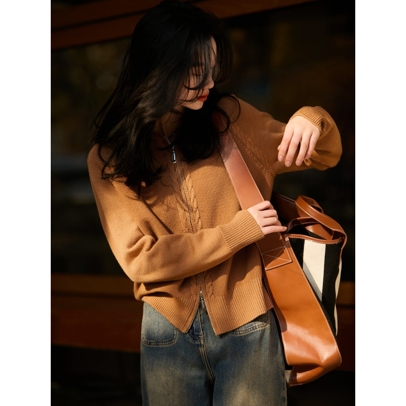 Doble cremallera capuzada jersey jersey jersey de punto Cardigan de otoño y invierno de mujer blusa holgada estilo perezoso chaqueta de punto de alta calidad image 3