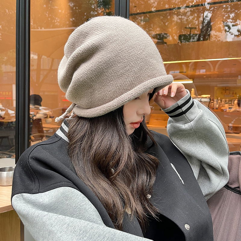 New Stacking Hat For Japanese Women, Small Face Display, Cold Cap, Big Head, Drawstring, Curled Edge, Knitted Yarn Hat_voghion.com