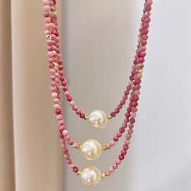 ins 风甜美气质网红同款项链 时尚韩式红纹石单颗施家珍珠锁骨链