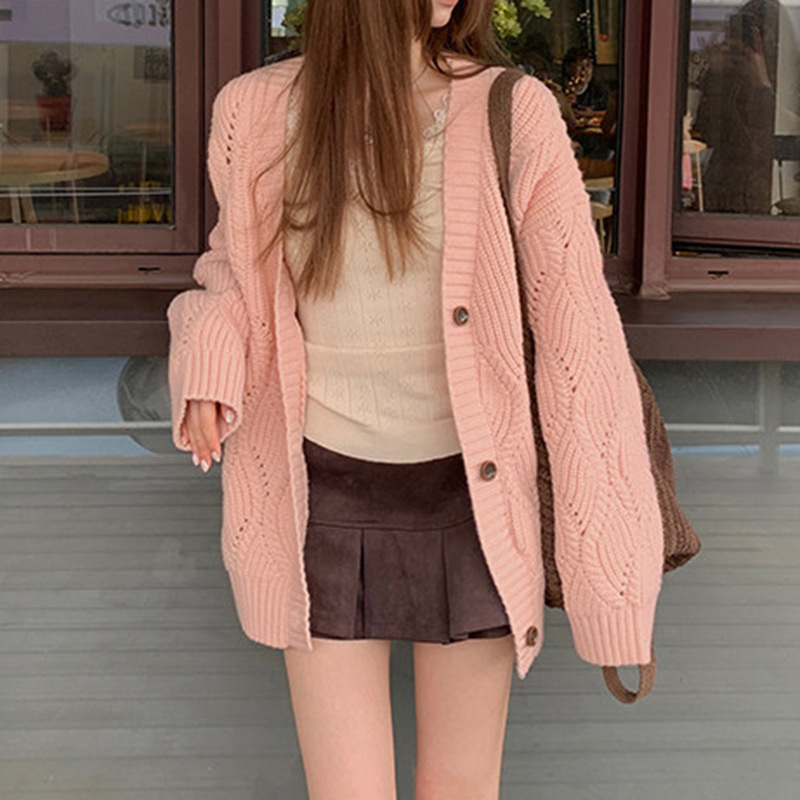 Cross-Border Foreign Trade Women's Knitted Sweater V-Neck Loose Casual Solid Color Single-Breasted Outerwear Lazy Style Sweater for Women Cross-Border Foreign Trade Women's Knitted Sweater V-Neck Loose Casual Solid Color Single-Breasted Outerwear Lazy Style Sweater for Women