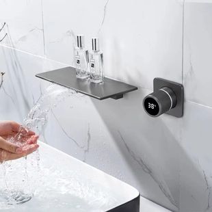 Free Shipping All-Copper Gun Gray Digital Display Waterfall Hot and Cold Basin Faucet Concealed Concealed Washbasin Bathtub Faucet