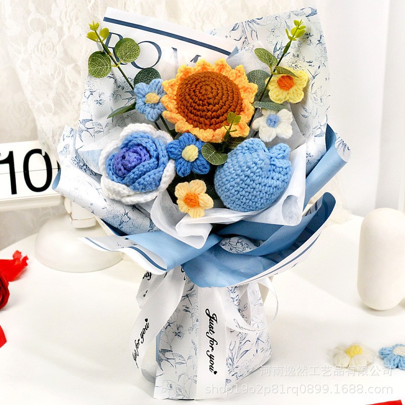 Productos transfronterizos acabados de lana tejido flores hechas a mano girasol trenzado regalos de vacaciones decoración flores falsas al por mayor