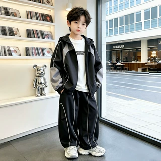 男童秋季休闲两件套2026新款中大童连帽拉链外套口袋阔腿卫裤套服
