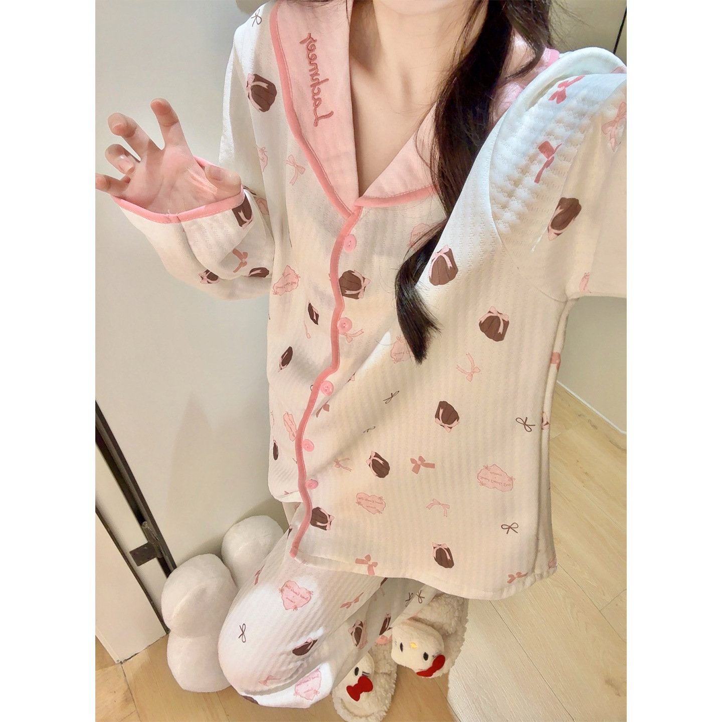XH F2334#蝴蝶结空气棉夹层卡通睡衣女冬季款加厚套装
