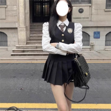 学院英伦风制服套装春秋新款辣妹西装马甲长袖衬衫百褶裙三件套女