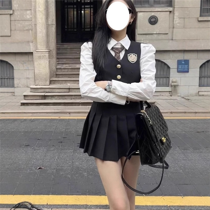College British Style Uniform Suit Spring and Autumn New Hot Girl Suit Vest Long-Sleeved Shirt Pleated Skirt Three-Piece Set for Women