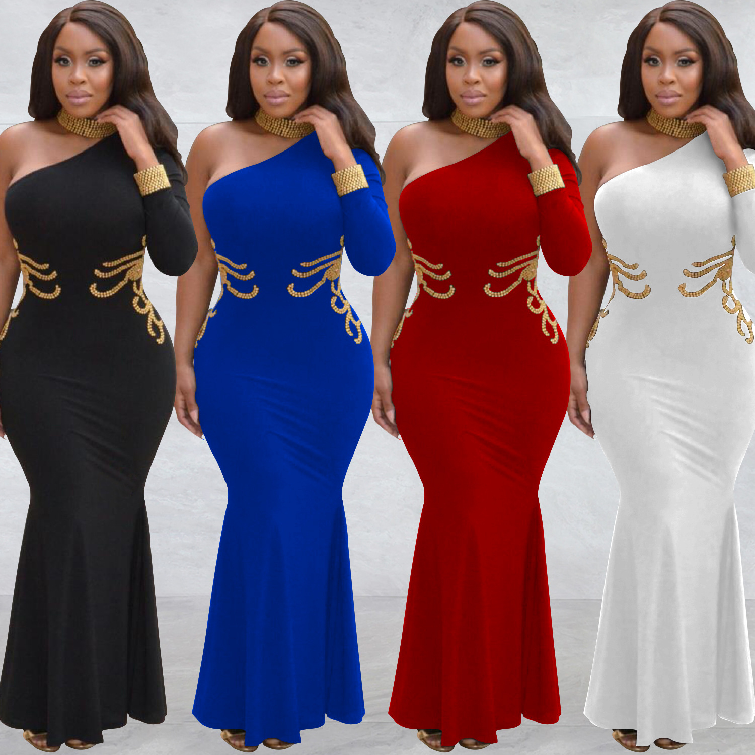 C6101 transfronterizo AliExpress amazon moda europea y americana de las mujeres de color sólido rhinestone de un solo hombro vestido de manga larga vestido image 1