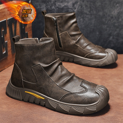 Men's Fall Retro British Leisure Mid-Top Leather Shoes Black Motorcycle Side Zip High-Top Work Boots