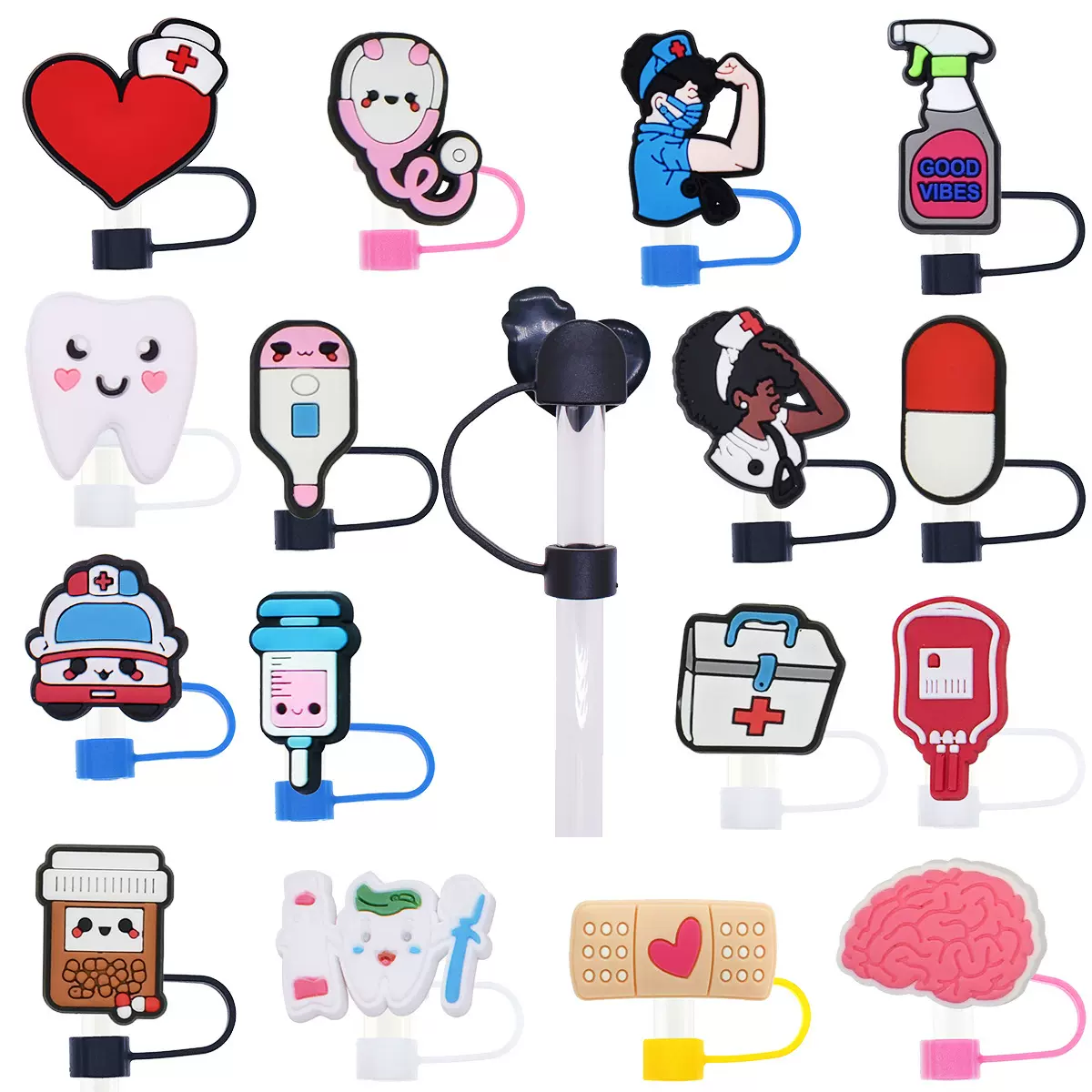 亚马逊热销医疗款吸管帽装饰PVC软胶吸管帽子通用10mm吸管套现货