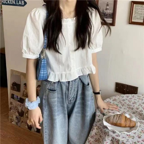 Bubble Sleeve Square Collar Women's 2025 Summer New French Sweet Short Design Focused Unisex Single Button Top