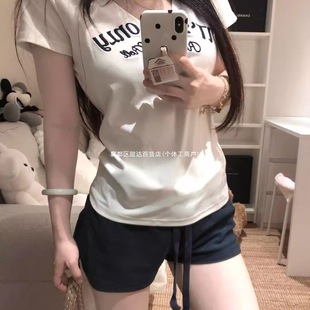 American-Style Right-Shoulder White Collar Letter Embroidered Short-Sleeved Shirt for Women in Summer Niche Design Slim Waist Top Trendy