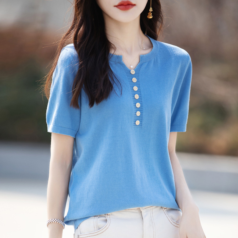 2026 Pure Cotton Knitted Short-Sleeved T-Shirt for Women, V Neck Loose Large Size Bottoming Shirt, Summer Thin Cotton and Linen Top t