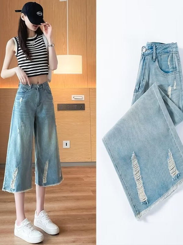 ハイストリートアメリカンリップドジーンズレディース春秋ファッションルーズクロップドパンツガールズレトロストレートスリムカジュアルパンツ|undefined