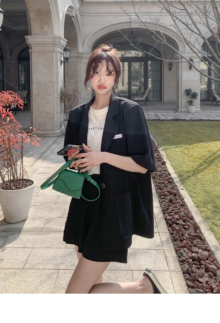 Bộ blazer nữ tay ngắn kèm quần short Hàn Quốc mỏng nhẹ mùa hè — Màu đen [Vải], Cỏ xanh [Vải], Gạo trắng [Vải], Màu hồng [Vải] chi tiết 14