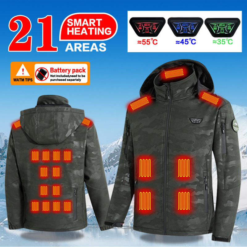 21-Zone Intelligent Heating Soft Shell Jacket USB Electric Heating Fleece-Lined Jacket Outdoor Cycling Warm Fishing Heating
