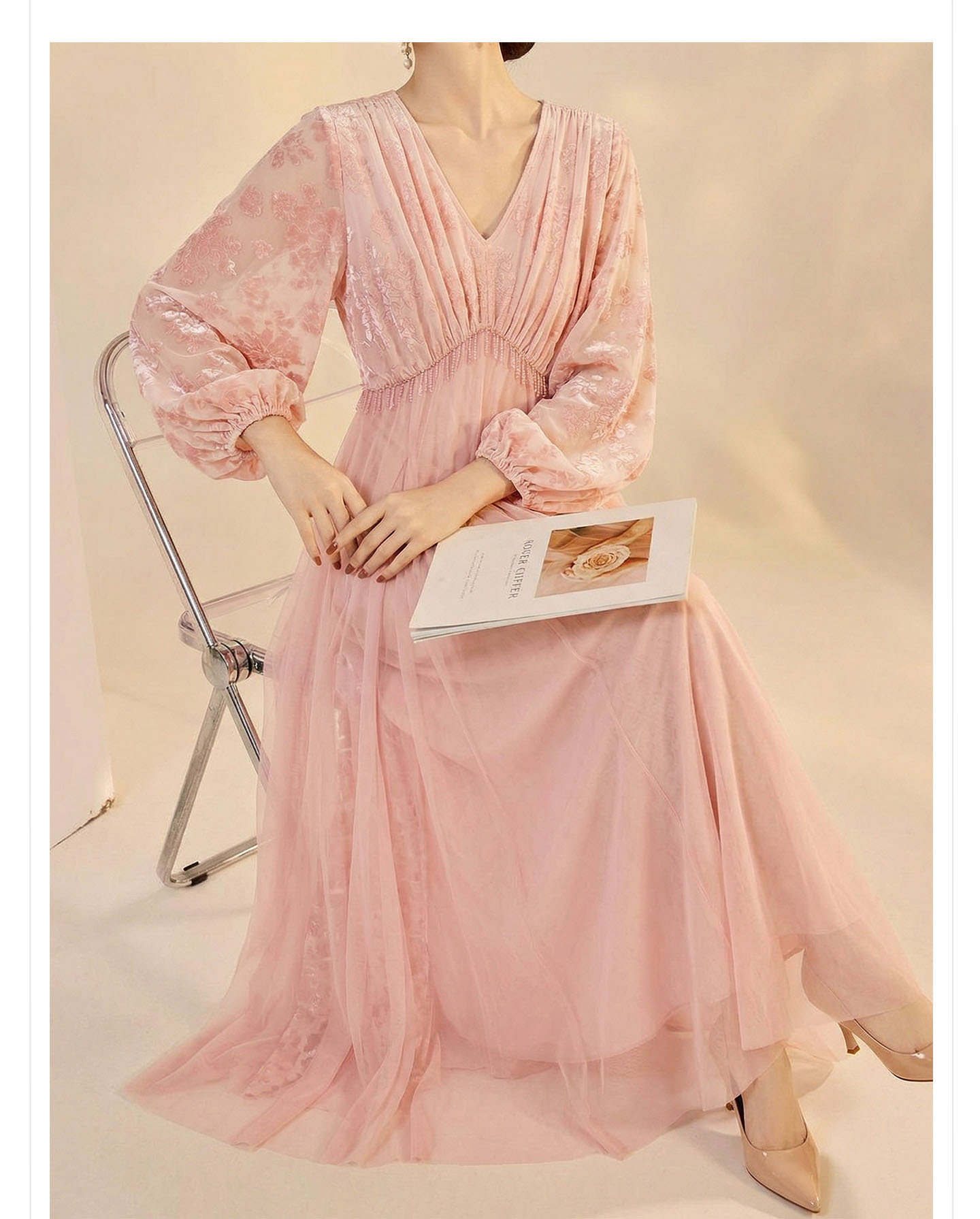 Đầm maxi nữ cổ V tay dài phong cách Trung Quốc mới, thiết kế thắt eo, dáng suông nhẹ — màu hồng chi tiết 3