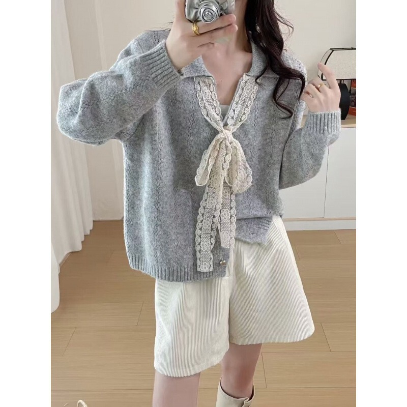 Kaning French-Style V-Neck Bow Tie Lapel Knit Sweater 2026 Autumn Korean Style Lazy Style Sweater