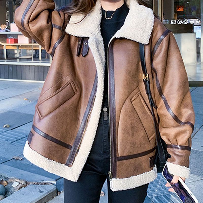 Women's 2024 Faux Shearling Leather Jacket, Winter Loose Versatile Stand Collar Biker Jacket