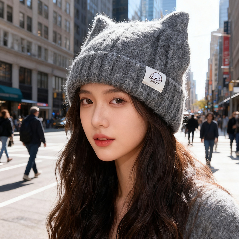 韩版猫耳朵毛线帽子女冬2025新款保暖护耳针织帽显脸小可爱套头帽|undefined