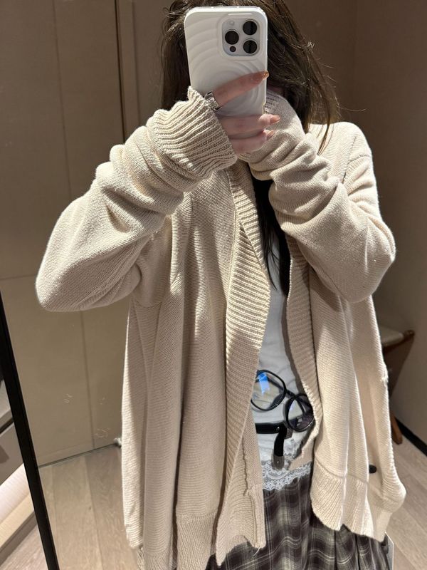 批发代发 早秋设计感不规则针织开衫女长袖慵懒风宽松外套上衣|undefined