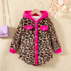 跨境女童豹纹印花撞色拼接假口袋连帽前排扣开襟毛绒长款外套