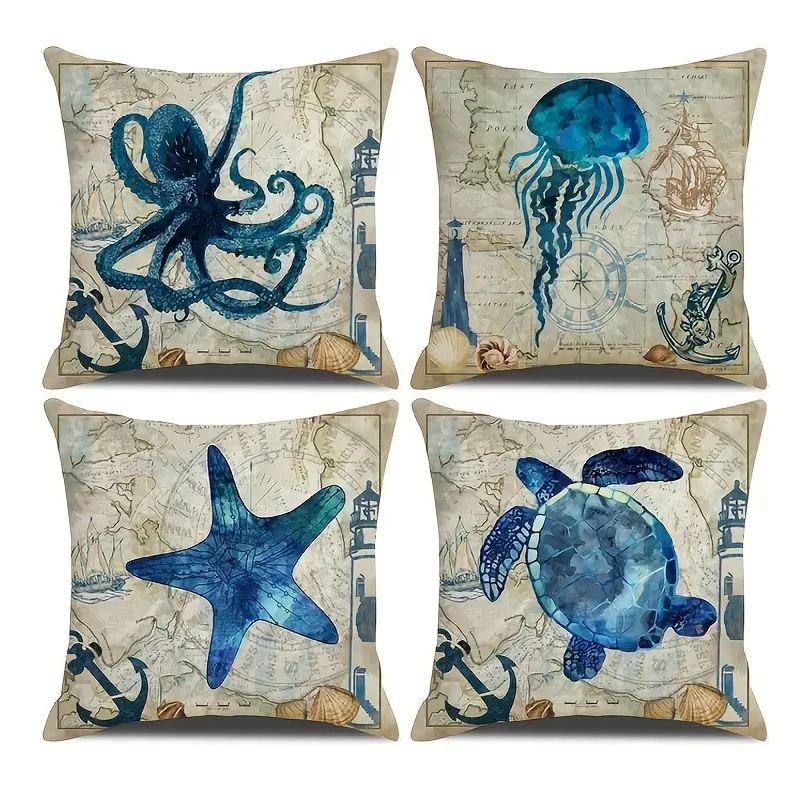 2024 Estilo explosivo transfronterizo Animales marinos Mundo submarino Patrón Funda de almohada Bandera de mesa de sala de estar con estampado de lino de Amazon image 5