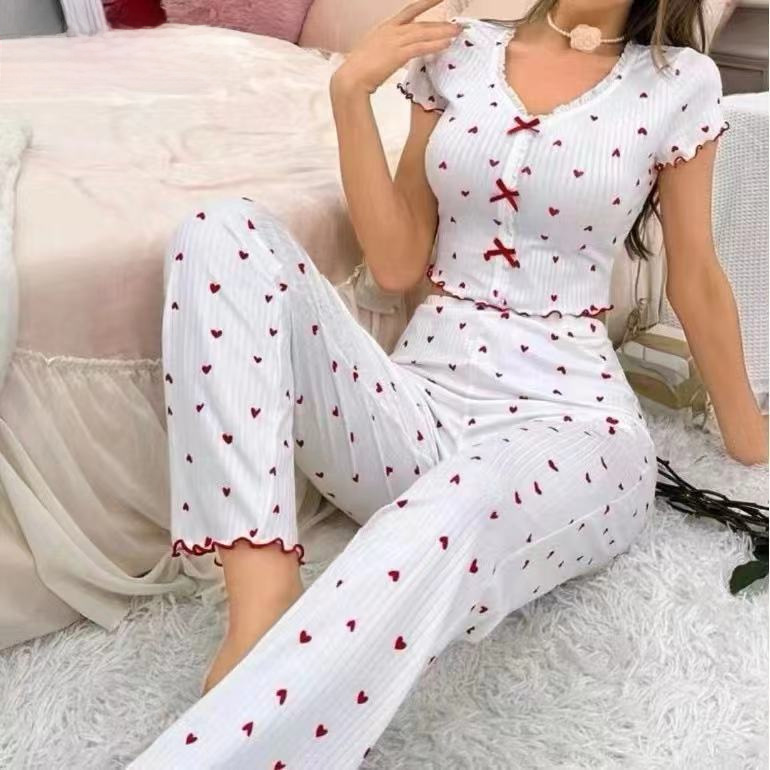 欧美跨境热销家居服印花爱心V领短袖睡衣女可外穿长裤两件 套套装|undefined
