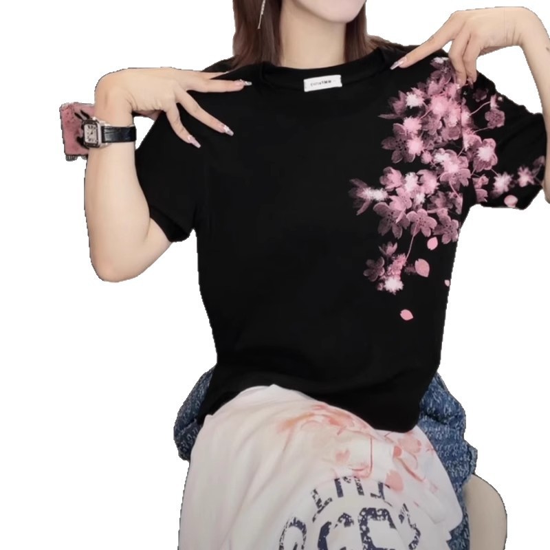大きいサイズの西洋風プリントラウンドネック半袖Tシャツ新しい夏のファットMMスリムフィットファッショナブルカジュアル多用途トップ|undefined