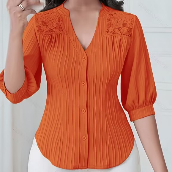 2026 European and American Style Lace Patchwork V-Neck Mid-Sleeve Top for Women, Pleated Single-Breasted Curved Hem Shirt, Cross-Border Supply 2026 European and American Style Lace Patchwork V-Neck Mid-Sleeve Top for Women, Pleated Single-Breasted Curved Hem Shirt, Cross-Border Supply