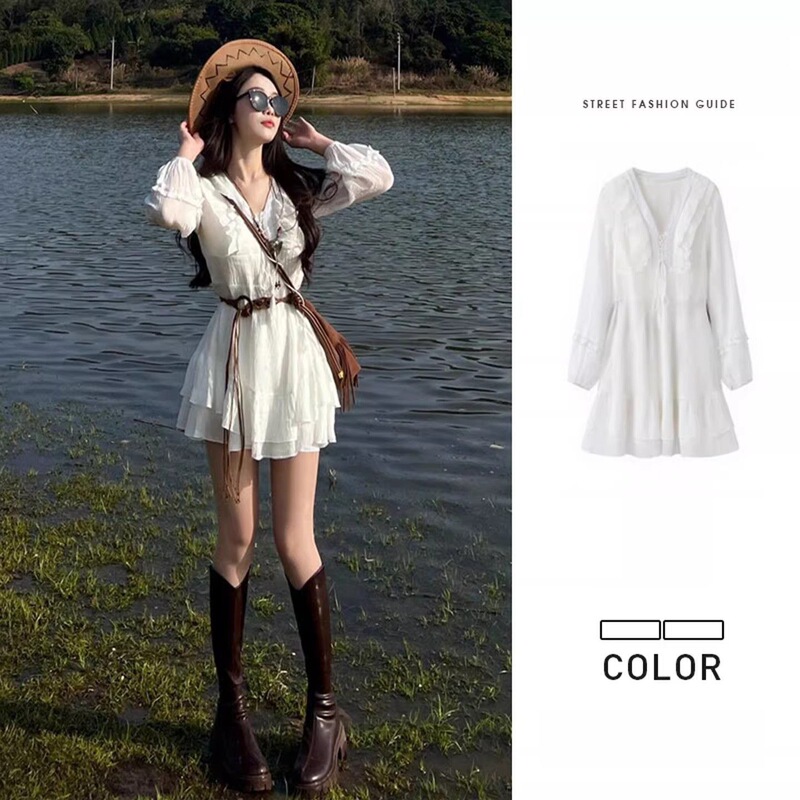Xinjiang Sichuan Northwest Grassland Travel Vacation Long-Sleeved White Dress Women's Summer 2025 New Early Autumn Wear Xinjiang Sichuan Northwest Grassland Travel Vacation Long-Sleeved White Dress Women's Summer 2025 New Early Autumn Wear