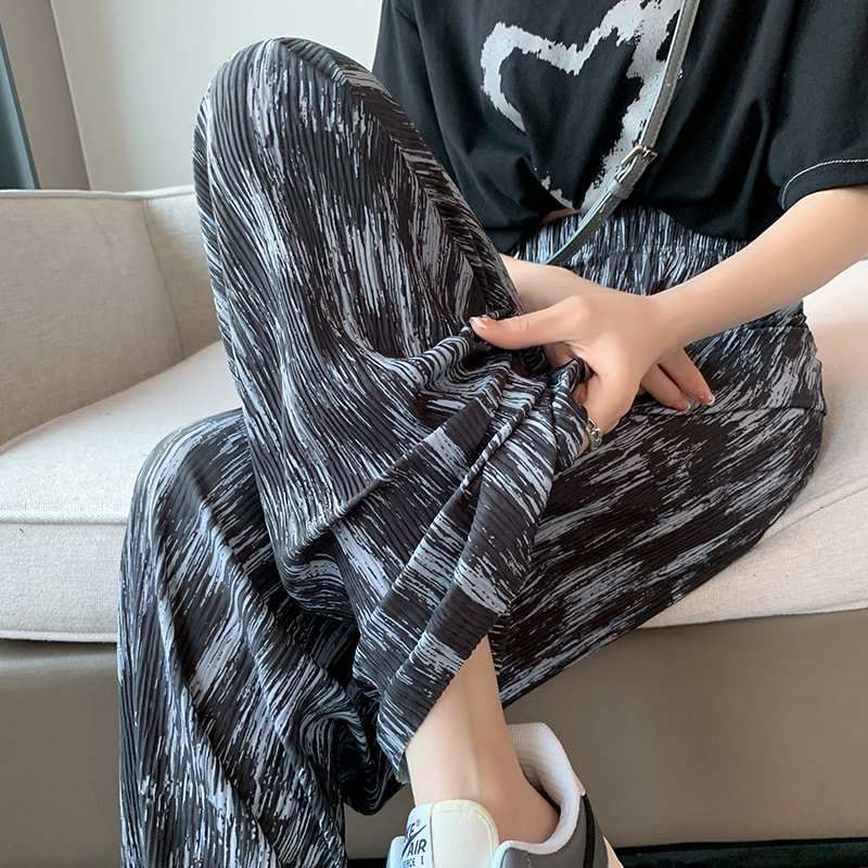 Ice Silk tie-dyed narrow wide-leg pants for women spring and summer thin straight slimming high waist draping casual mop long pants