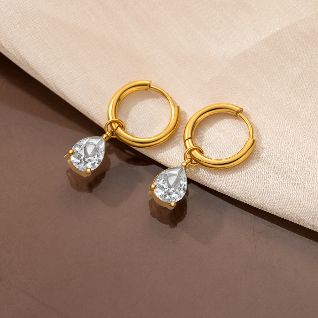 Cross-Border Hot-Selling Ins Non-Fading Titanium Steel Water Drop Zircon Earrings for Women, Niche Exquisite Fashion with a High-End 18K Gold Feel