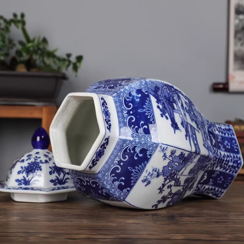 Jingdezhen antiguo tanque de almacenamiento de cerámica azul china modelo de casa de estilo residencial hotel sala de té decoración para el hogar