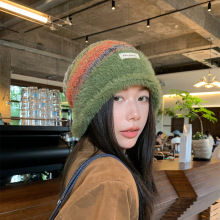 彩虹拼色堆堆帽女跨境时尚秋冬保暖毛线帽百搭护耳大头围针织帽子
