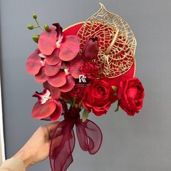 新娘秀禾婚禮結婚團扇仿真花手工紅色粉色喜扇子裝飾假花diy材料