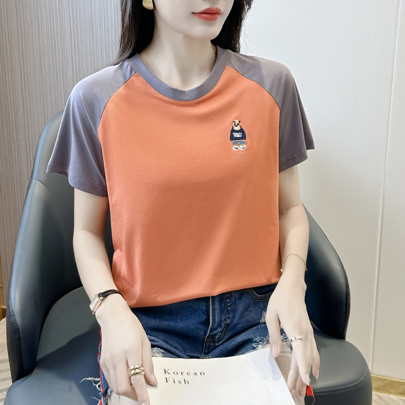 112~ソロナアイス刺繍クマルーズTシャツパッチワークラグランスリーブ半袖ラウンドネックコントラストカラーオールマッチトップ|undefined