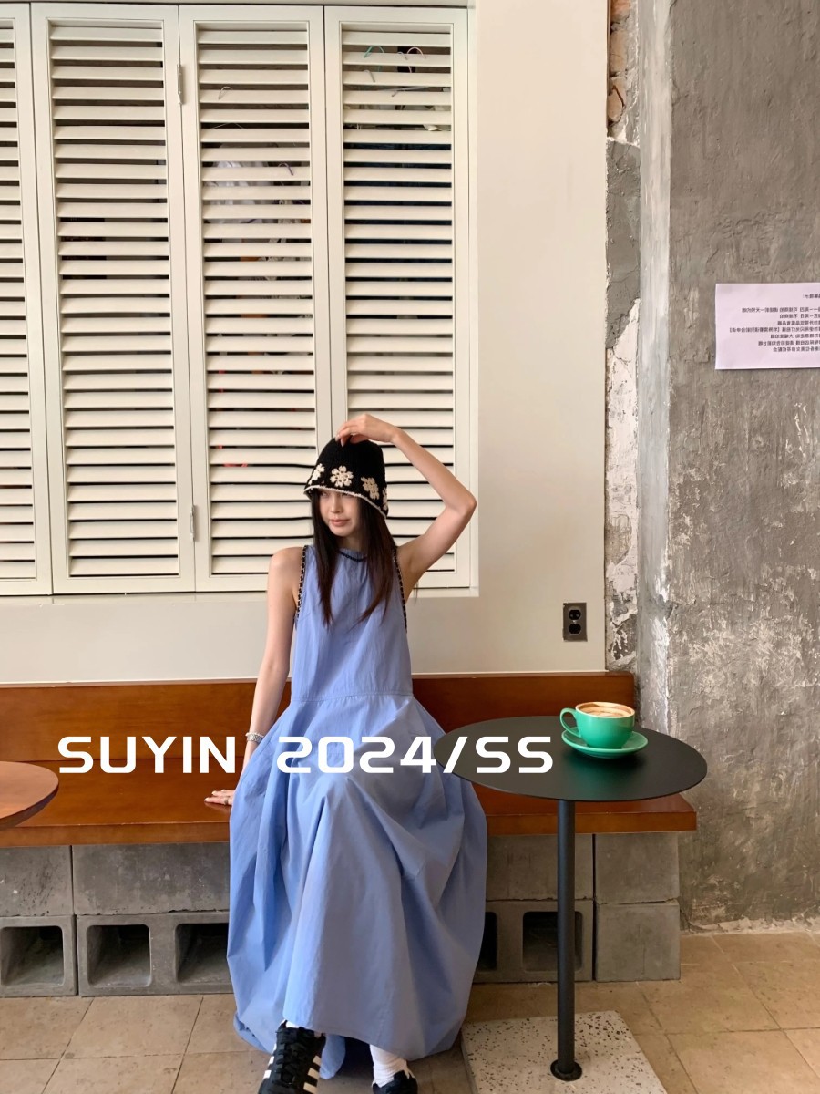 프랑스 스타일 홀리데이 스타일 우아한 블루 조끼 원피스 여성 여름 새로운 디자인 센스 타이트 허리 슬림 A-라인 긴 원피스