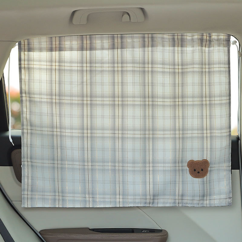 Katong – Car curtains Child Privacy Sun - blue-gray-gold-grid-bear-head