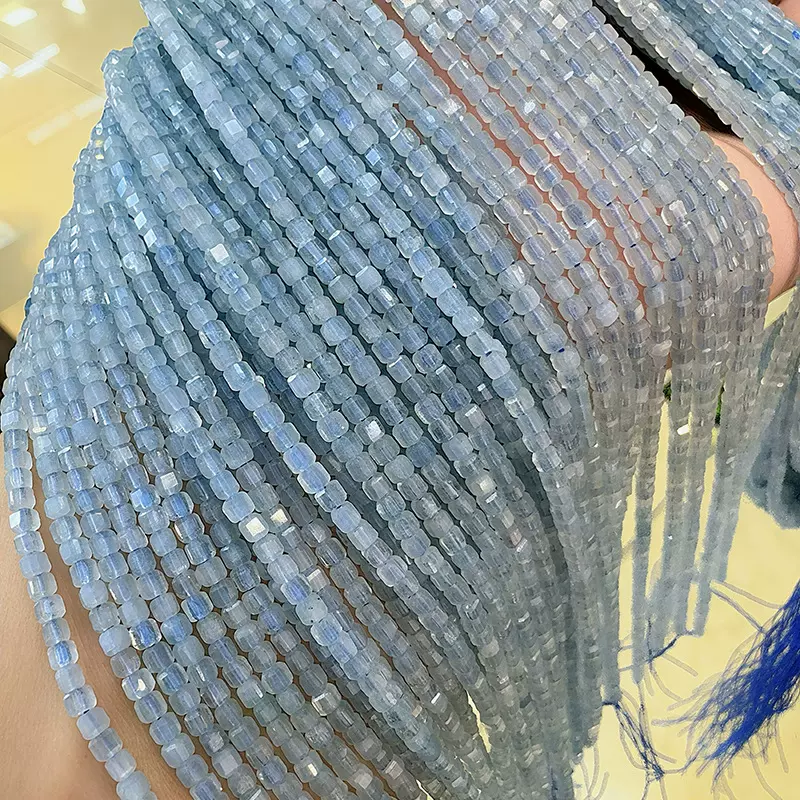 特A天然海蓝宝方糖圆珠切面刻面有孔彩色宝石串珠链条手链项链diy