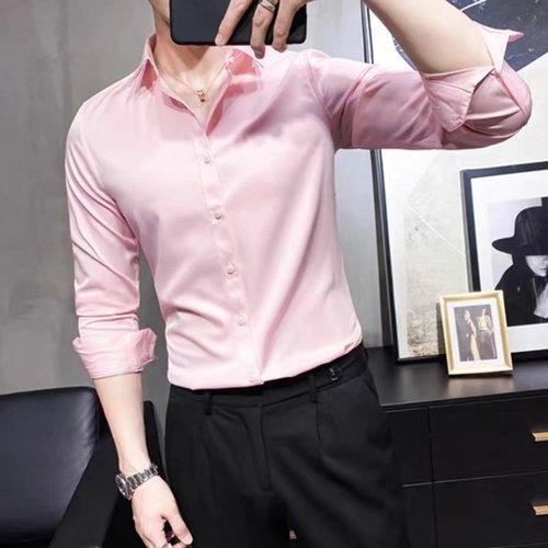 Men's Summer Pink Shirt Short Sleeve Business Casual Professional Dress Pure Color Half Sleeve Collar Shirt Men's Shirt Fashion