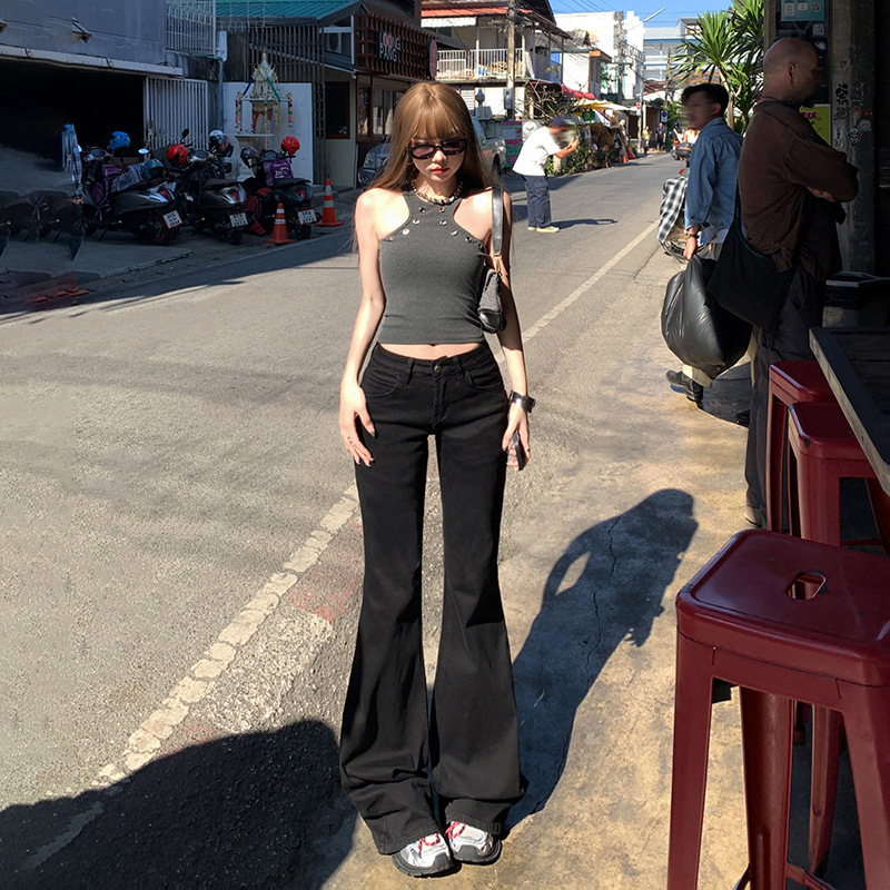 YC & 2 color American retro hot girl low waist wide leg pants micro elastic spring and summer Joker slim flared pants jeans women